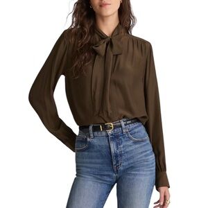 Madewell Women’s Tie-Neck Long-Sleeve 
Viscose Blend Blouse NWT L Dark Mocha